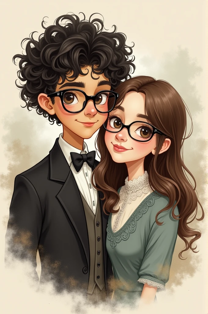 Victorian style illustration of a white couple,Black curly haired boy with glasses next to a straight haired girl with glasses 