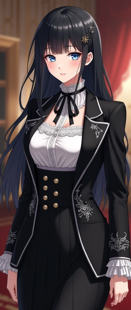 ANIME GIRL NOBLE WOMAN WITH BLUE EYES, BLACK HAIR, DREESING A ANIME GIRL NOBLE WOMAN WITH BLUE EYES, BLACK HAIR, DREESING For girls .Blouse:
Style: Blouse with a high collar and long puff sleeves. The body of the blouse is fitted at the waist, with a slight flare at the bottom. The sleeves have a delicate gather at the shoulders and cuffs fitted with silver buttons.
Fabric: High-quality satin or silk.
Main Color: Black.
Details: Silver embroidery decorates the collar and cuffs, creating an elegant contrast. On the front, the blouse has a decorative silver button fastening.
Ribbon: Silver satin ribbon, tied in a bow at the base of the high collar.
Blazer:
Style: Short, fitted blazer, with a high waistline and a slight train at the back. The lapels are wide and rounded, accentuating the feminine and distinguished cut.
Fabric: Black velvet or lightweight wool.
Main Color: Black.
Details: The lapels and sleeves are adorned with silver embroidery in elegant patterns. The Solaria emblem is embroidered in silver on the left chest, and the buttons are silver with decorative embossing. The blazer has a satin silver lining, which adds a luxurious contrast when open.
Accessories and Complements:
Skirt:

Style: Pleated skirt that falls just above the knee.
Main Color: Black.
Details: Silver stripe at the hem or subtle silver embroidery.
Tights:

Style: Black tights, covering the entire leg up to the waist, with no additional details.
Shoes:

Style: Leather Mary Jane shoes.


Main Color: Black.
Details: Silver, such as a buckle or a small emblem. full body 