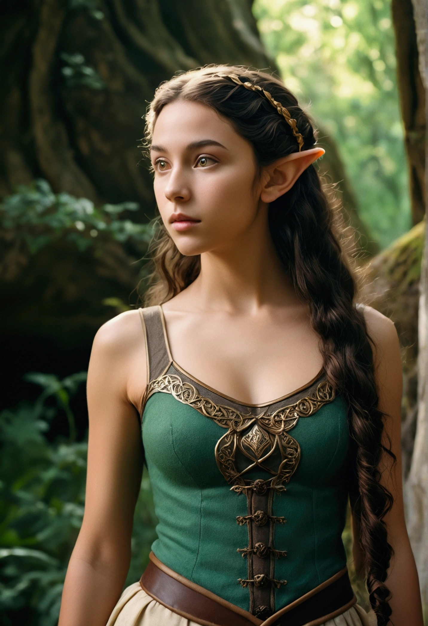 analog film photo, photo of an elven maiden, 18-years-old, elf ears, tan complexion, amber eyes, dark hair, long wavy curls, Amazonian stature, toned hourglass figure, busty breasts, narrow waist, full wide hips, big round butt, wearing a tank top and a battle skirt, strolling along a fantasy landscape, RAW Photograph, dslr, soft lighting, high quality, film grain, Fujifilm XT3, detailed skin with visible pores, insane details, masterpiece, 8k, 35mm photograph, dslr, kodachrome, faded film, desaturated, grainy, vintage, Lomography, stained, highly detailed, found footage, close-up shot, elven ears