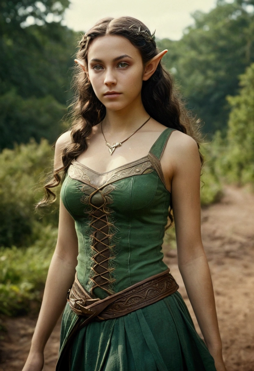 analog film photo, photo of an elven maiden, 18-years-old, elf ears, tan complexion, amber eyes, dark hair, long wavy curls, Amazonian stature, toned hourglass figure, busty breasts, narrow waist, full wide hips, big round butt, wearing a tank top and a battle skirt, strolling along a fantasy landscape, RAW Photograph, dslr, soft lighting, high quality, film grain, Fujifilm XT3, detailed skin with visible pores, insane details, masterpiece, 8k, 35mm photograph, dslr, kodachrome, faded film, desaturated, grainy, vintage, Lomography, stained, highly detailed, found footage, close-up shot, elven ears