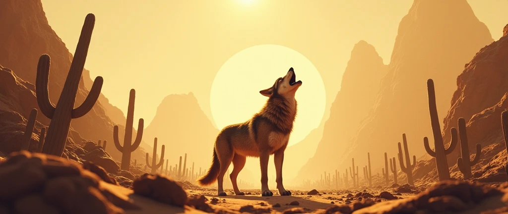 a wolf howling in the middle of a desert with large captus
