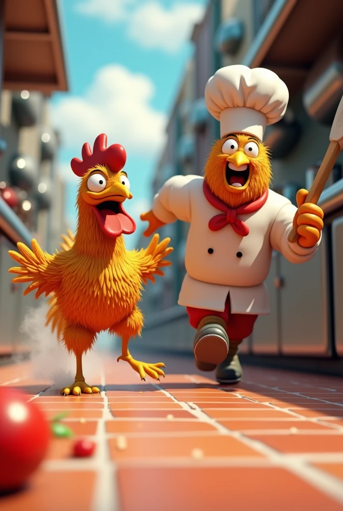 A 3d anime photo, of a desperate rooster running away from a noodle who is a chef