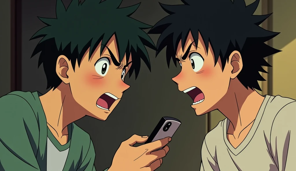 A tense scene featuring two young heated conversation. One man should have an expression of anger, while the other looks shocked. The man showing the cellphone should display frustration or irritation, and the other should show surprise or dismay. The art style should capture the detailed and emotional essence of Studio Ghibli, with a focus on their intense expressions and the dynamic of their interaction.