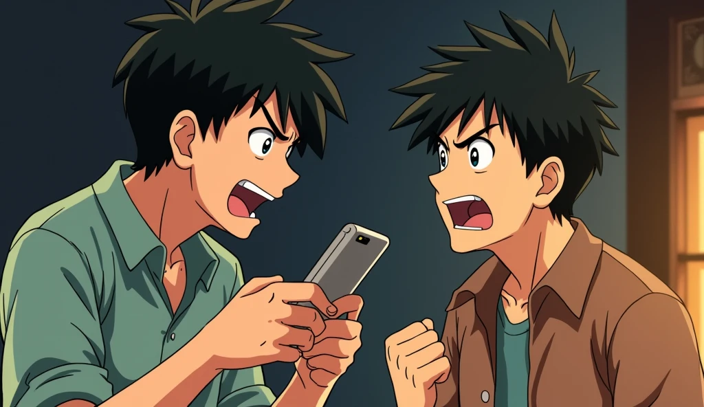 A tense scene featuring two young heated conversation. One man should have an expression of anger, while the other looks shocked. The man showing the cellphone should display frustration or irritation, and the other should show surprise or dismay. The art style should capture the detailed and emotional essence of Studio Ghibli, with a focus on their intense expressions and the dynamic of their interaction.