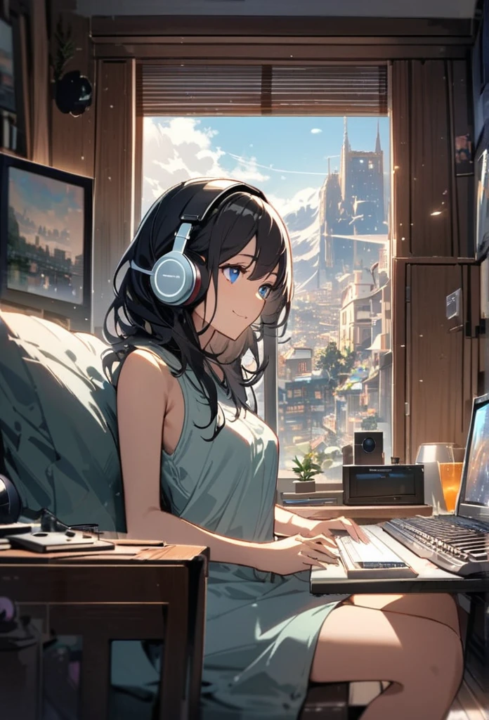 Beautiful woman, alone, A gentle smile on her face, Black Hair, blue eyes, Woman in sleeveless, Beautiful depiction,A woman sitting in front of a computer in a cozy bedroom,Beautiful Eyes ,A woman listening to music in a cozy room.. (noon), Use headphones, (beautiful noon views from windows), city,Very detailed