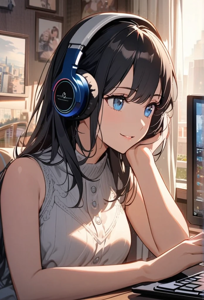 Beautiful woman, alone, A gentle smile on her face, Black Hair, blue eyes,  Woman in sleeveless, Beautiful depiction,A woman sitting in front of a computer in a cozy bedroom,Beautiful Eyes ,A woman listening to music in a cozy room.. (noon), Use headphones, (beautiful noon views from windows), city,Very detailed