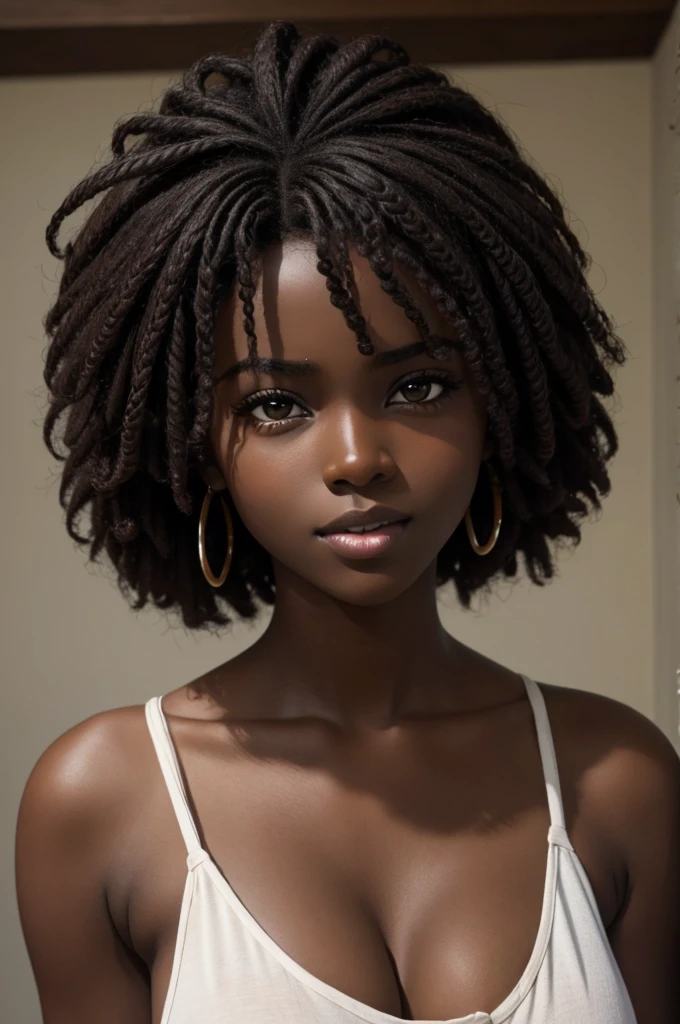 cute hair, African dark chocolate skin, , beautiful face, deepest African ebony, showing big breaupper body fo African bright hair beauty