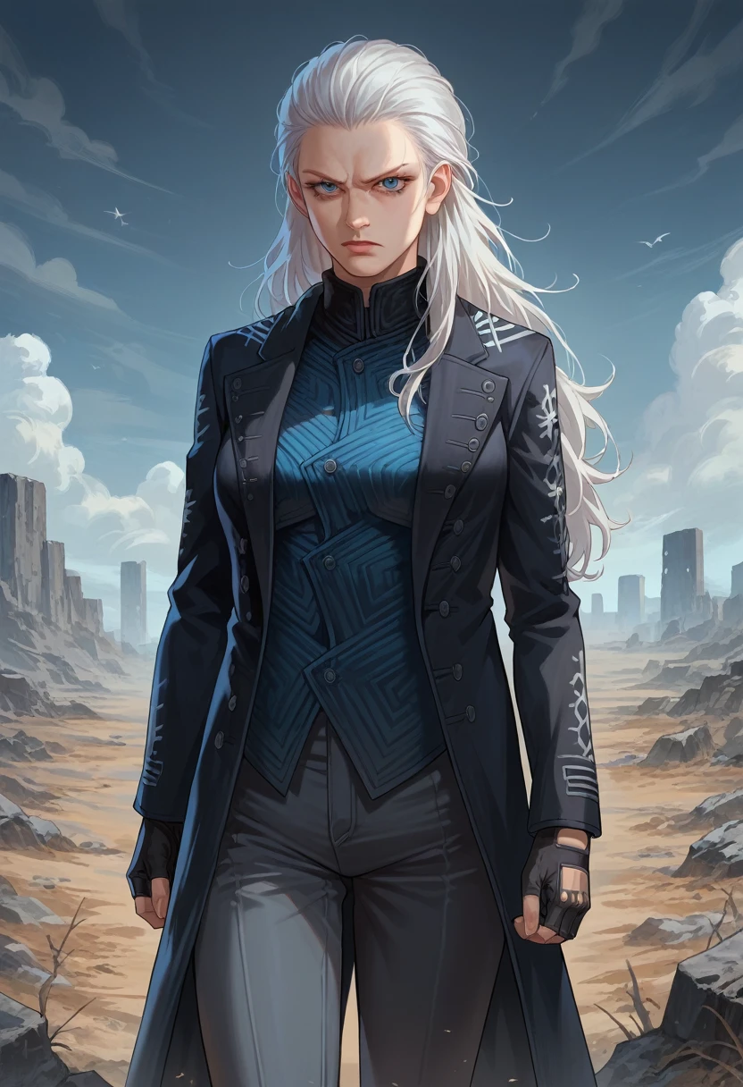 score_9, score_8_up, score_7_up, source_anime, 1girl, solo, dmc5vergil, white hair, long hair, medium breasts,blue eyes, black coat, fingerless gloves, pants, standing, serious, looking at you, wasteland, gray landscape, desolated, gray plain,