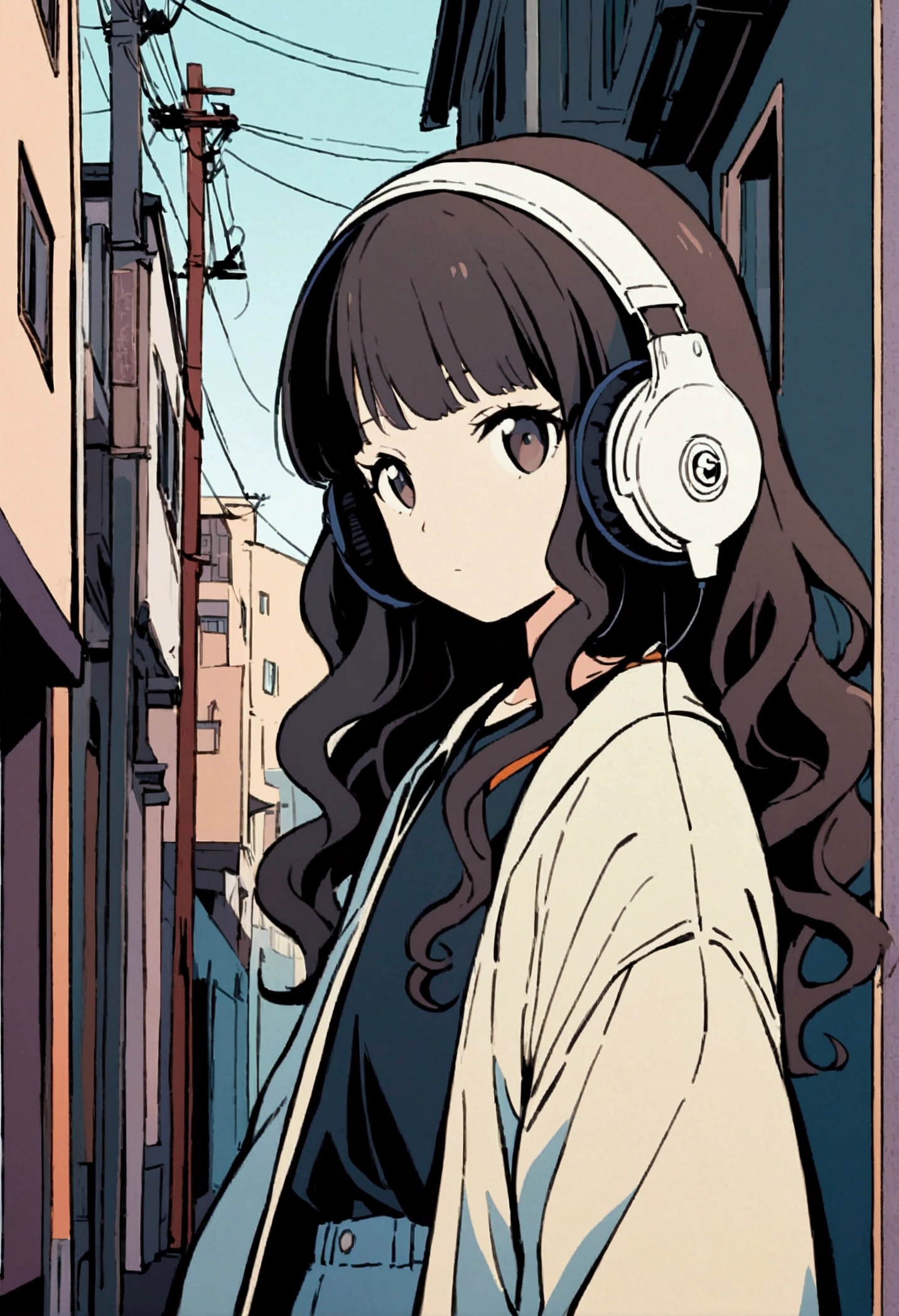 Anime-style illustration of a girl. he長い間, She has light wavy hair and is wearing headphones. he、Dressed casually with a dark shirt and loose coat over his clothing。. In the background there is a street with buildings and utility poles., Beautifully drawn, With minimalist lines. The overall color scheme is soft and dark., Gives the image a calm and relaxing feel."Music logo