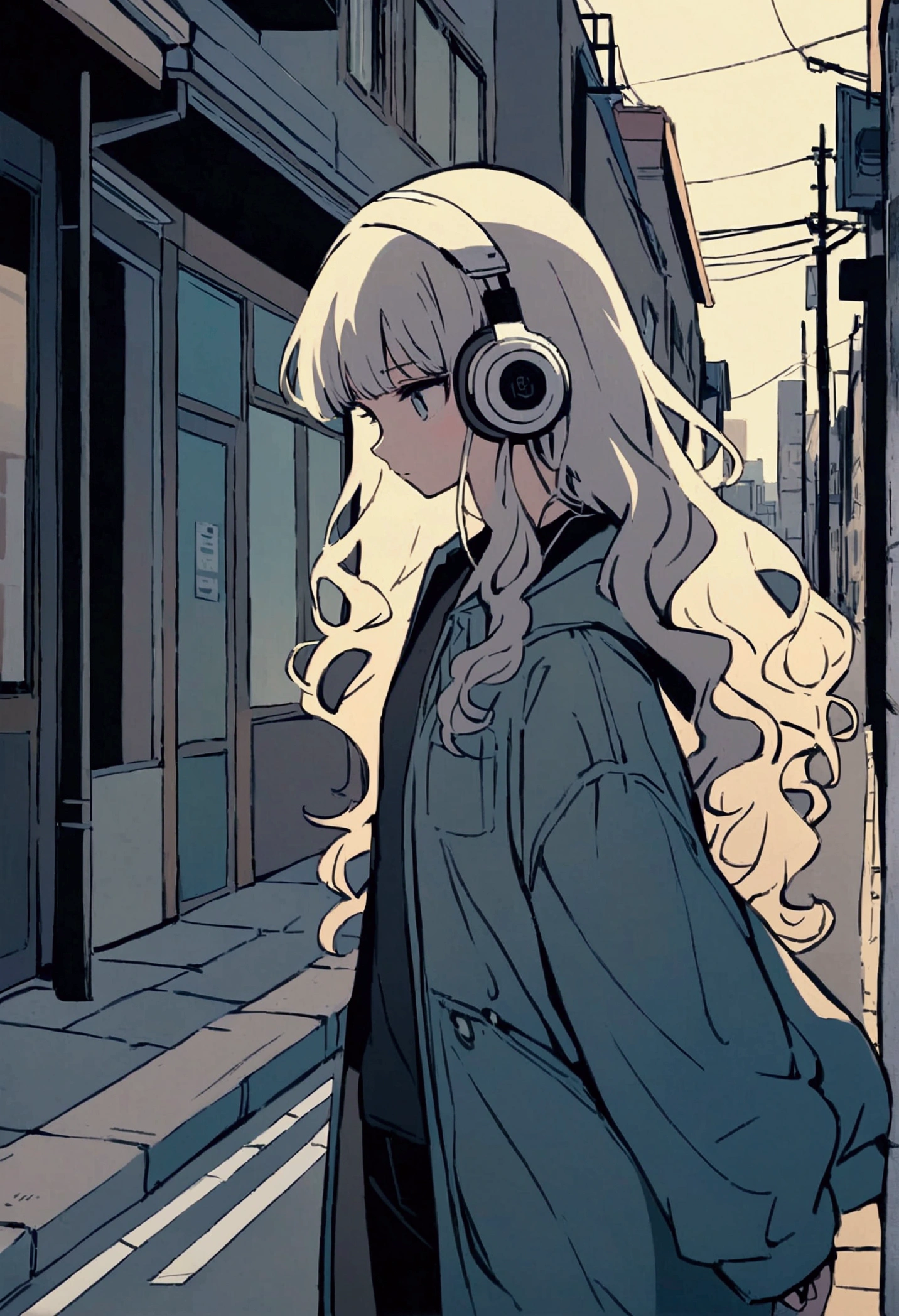 Anime-style illustration of a girl. he長い間, She has light wavy hair and is wearing headphones. he、Dressed casually with a dark shirt and loose coat over his clothing。. In the background there is a street with buildings and utility poles., Beautifully drawn, With minimalist lines. The overall color scheme is soft and dark., Gives the image a calm and relaxing feel."Music logo