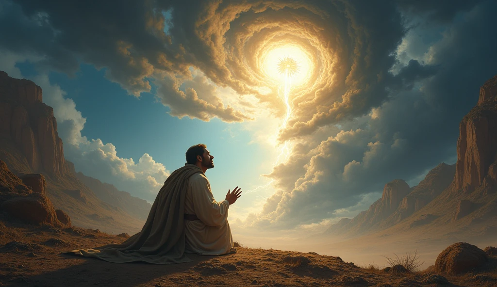 "Create an image that represents the powerful biblical scene in which God reveals himself to Job, as described in Job 38. Show Job prostrate on the ground, in a gesture of reverence and humility, perhaps with hands raised or face to the ground, reflecting his submission before divine majesty. acima dele, in the sky, represent the presence of God in the form of a powerful storm or whirlwind, with dark clouds and lightning, symbolizing the immensity and strength of God. Divine light may be radiating from the center of the storm, illuminating Job with a heavenly light. The surrounding scenery is dramatic and grand., with natural elements such as mountains or desolate plains, highlighting Job's smallness before the presence of God. The image must capture the majesty, the power and sanctity of the moment, conveying Job's deep reverence as he came face to face with the Creator."
