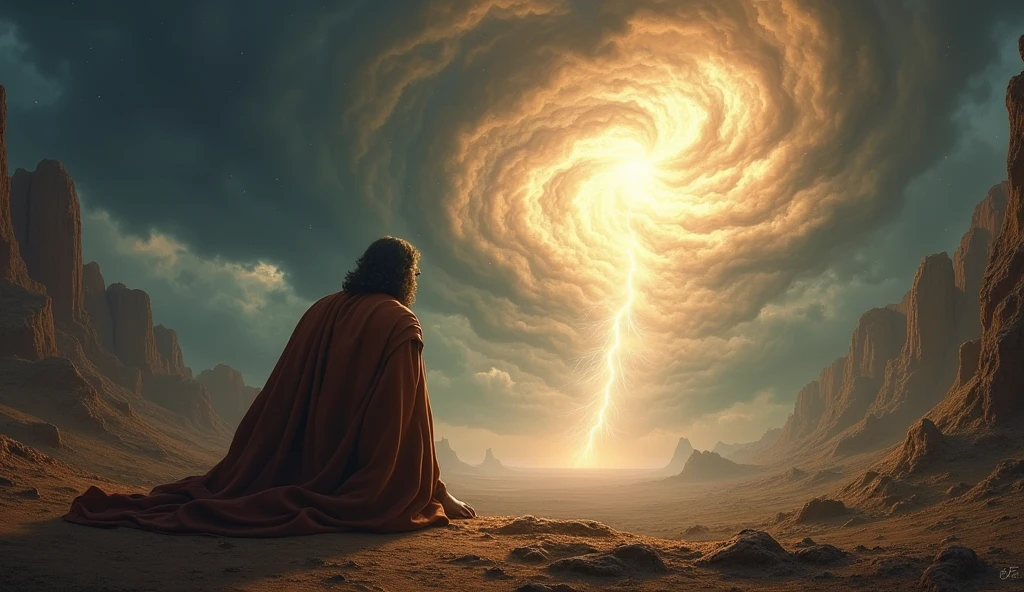 "Create an image that represents the powerful biblical scene in which God reveals himself to Job, as described in Job 38. Show Job prostrate on the ground, in a gesture of reverence and humility, perhaps with hands raised or face to the ground, reflecting his submission before divine majesty. acima dele, in the sky, represent the presence of God in the form of a powerful storm or whirlwind, with dark clouds and lightning, symbolizing the immensity and strength of God. Divine light may be radiating from the center of the storm, illuminating Job with a heavenly light. The surrounding scenery is dramatic and grand., with natural elements such as mountains or desolate plains, highlighting Job&#39;s smallness before the presence of God. The image must capture the majesty, the power and sanctity of the moment, conveying Job&#39;s deep reverence as he came face to face with the Creator."

