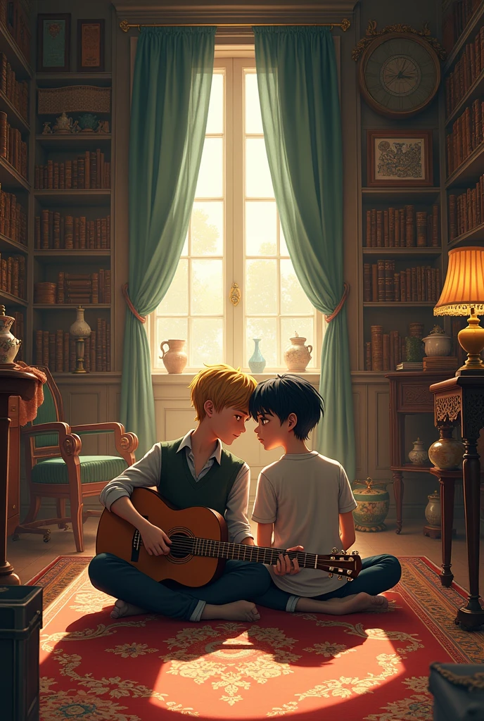 A boy with short blond hair holding a guitar, and a boy with short dark hair sitting next to each other cross-legged on the floor of an antiques house that looks like a large library or a treasure trove with old furniture for sale, in a very intimate moment between them.