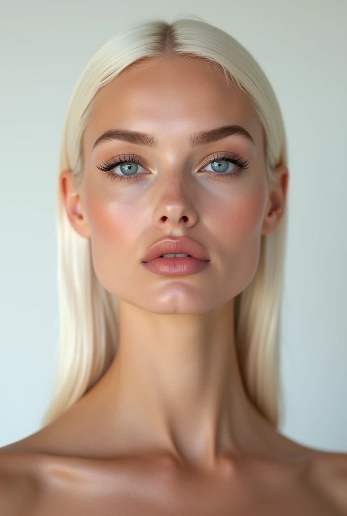 Create an uncluttered portrait of a supermodel with remarkably symmetrical features, flawless skin and intense blue eyes. Her face is rounded, with high cheekbones, a well-defined jawline and full lips with a natural, matte finish. Her straight platinum-blond hair is slicked back, revealing her elegant neck. Her expression is pleasantly confident, with a hint of allure, against a minimalist backdrop that underscores her high-fashion appeal.