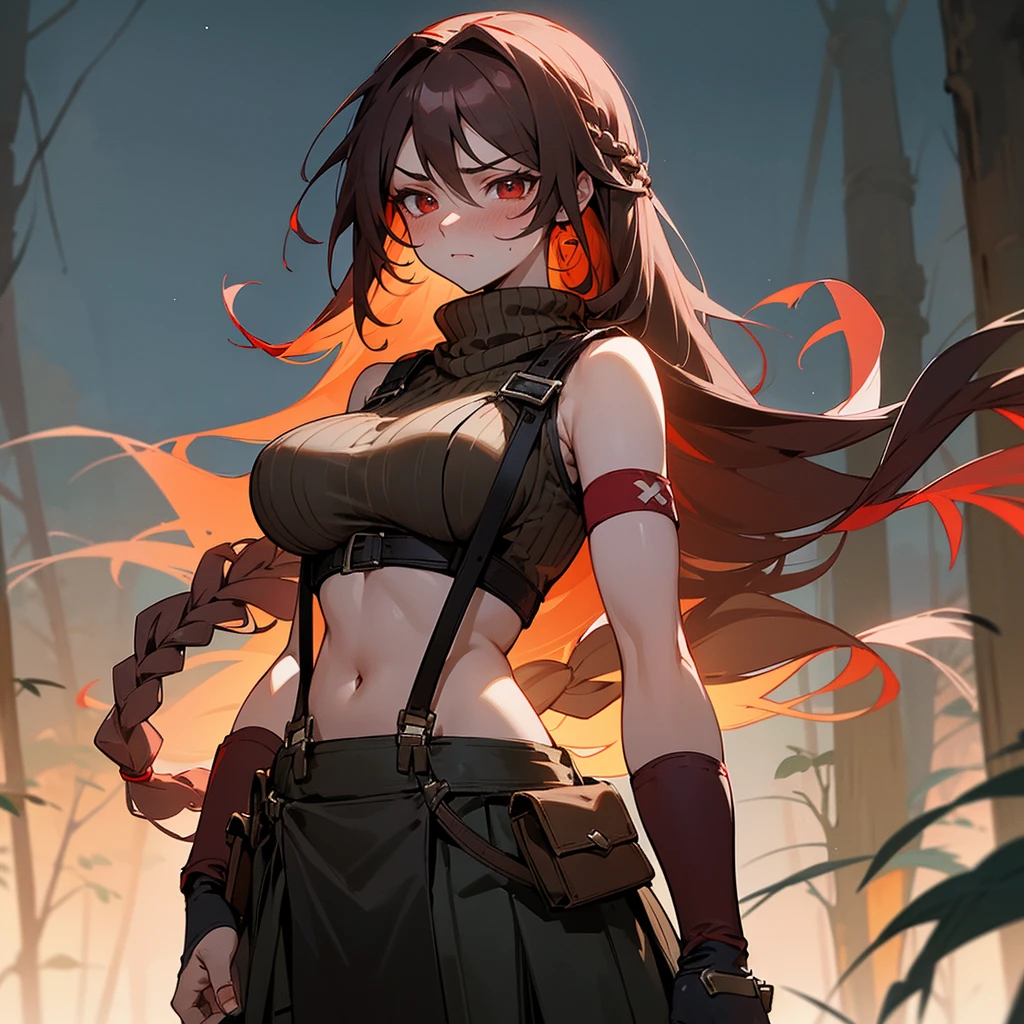 1female, sexy, big breast,  adult, finely detailed red eyes, wild long hair, braided hair, dark brown color hair, adventurer gear, suspenders, sleeveless crop top sweater, baggy combat skirt, night time, dark forest, somber expression, flowers, blushing, standing on path, lanturns, black armband, mma gloves