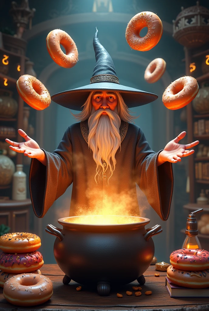 a wizard cooking several donuts