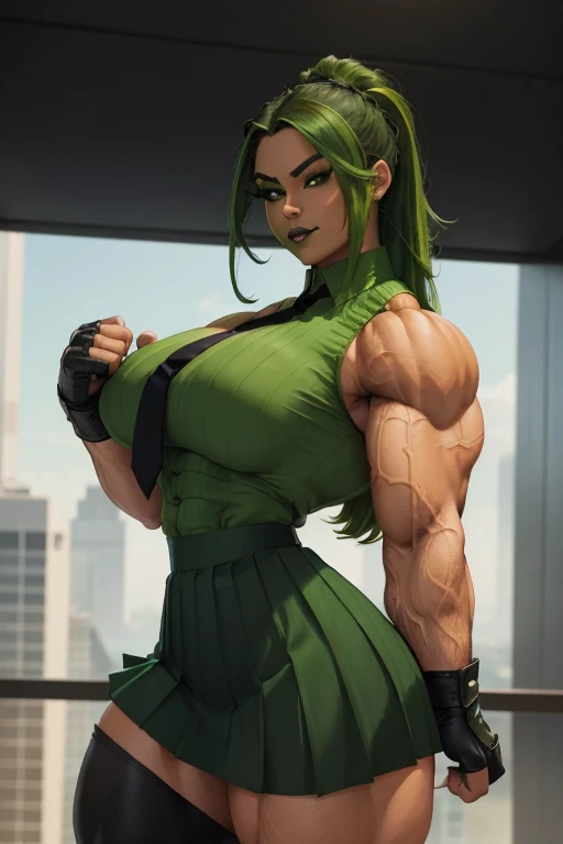 ((Close-up)), tall, (green hair) beautiful muscular woman, long curvy hair, light brown skinned, closed smile, (black lipstick), (massive muscles), (hyper muscle), (ginormous bulky muscles), orange eyes, (((sleeveless green pleated shirt))), ((long black pleated skirt)), (fingerless gloves), necktie, boots, on a skyscraper, 