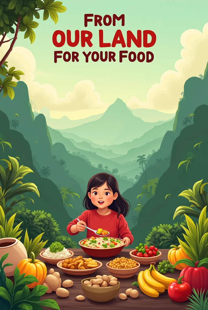 Poster with the theme of local food (Siantar/North Sumatra) with some word" From our land, for Our Food" 
(With a 1 people eat food or fruit, like banana, potato anything, have some  vegetable ) with view like a village or just a mountain