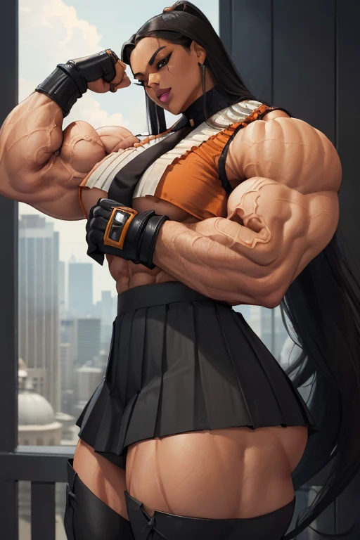((Close-up)), tall, (black hair) beautiful muscular woman, long straight hair, light brown skinned, closed smile, (black lipstick), (massive muscles), (hyper muscle), (ginormous bulky muscles), orange eyes, (((sleeveless black pleated shirt))), ((long black pleated skirt)), (fingerless gloves), necktie, boots, (flexing biceps), on a skyscraper,