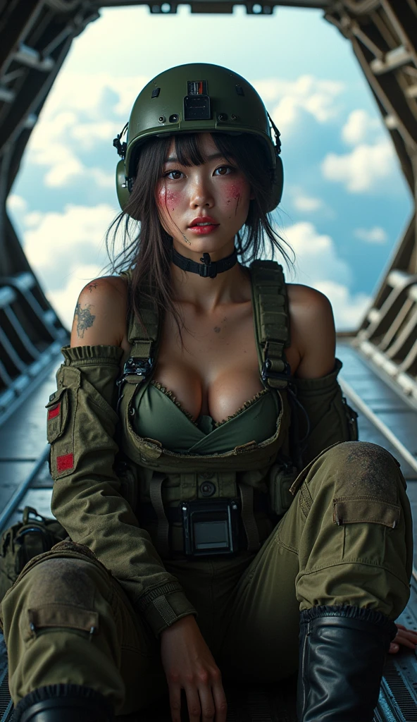 Photo-realistic, ultra-realistic, (very beautiful Japanese, famous Japanese idol:1.3), (Fully equipped for battle:1.5), large assault rifle on her back, (Experienced army paratroopers:1.5),(Sitting in the cargo bay of a large Army transport plane for an Army skydiving mission:1.5), (painful impressions, crying:1.3), (wearing an army paratrooper's Camouflage outfits with military helmet:1.5), very large breasts, (tactical vest, military harness:1.3), (military long boots:1), amazing view from the sky, acrobatic pose, dynamic angle, spectacular, (injured:1.3), (muddied, damaged wears, damaged body:1.3),