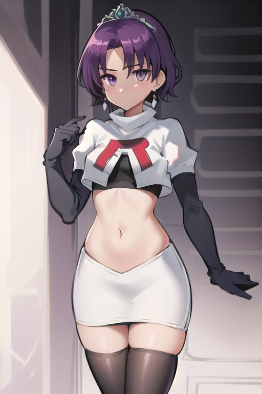 best quality, (masterpiece:1.2), illustration, absurdres,
(1girl, solo), (beautiful detailed girl), 
Klaudia von Auslese, purple_hair, short_hair, purple_eyes, small_breasts, timid, (shy:0.8),
jewelry, earrings, silver tiara, team rocket,team rocket uniform,white skirt,red letter R,crop top,black thigh-highs,black elbow gloves, looking at viewer,
