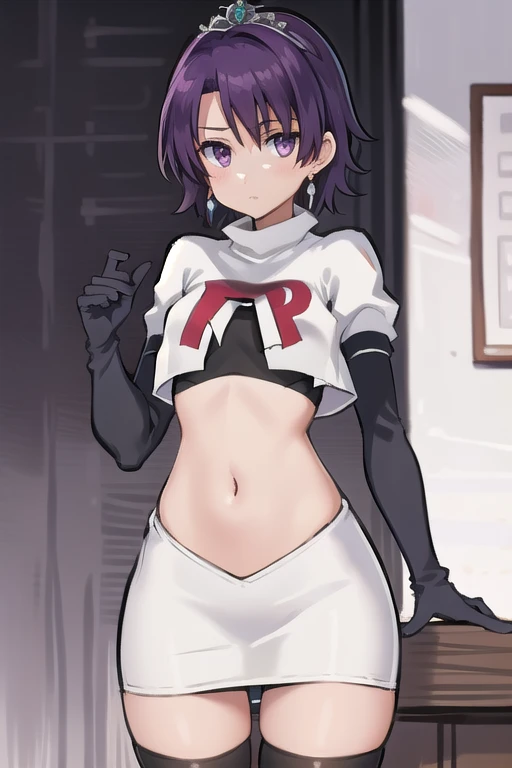best quality, (masterpiece:1.2), illustration, absurdres,
(1girl, solo), (beautiful detailed girl),
Klaudia von Auslese, purple_hair, short_hair, purple_eyes, small_breasts, timid, (shy:0.8),
jewelry, earrings, silver tiara, team rocket,team rocket uniform,white skirt,red letter R,crop top,black thigh-highs,black elbow gloves, looking at viewer,