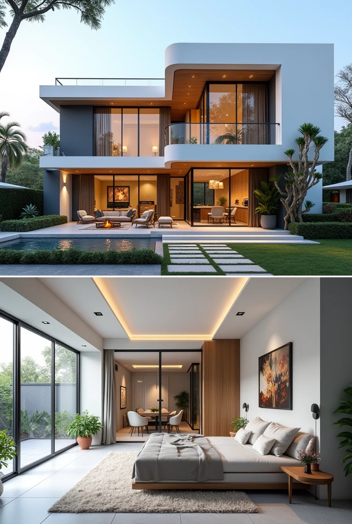 Design a modern house with living room, kitchen, 3 Bedrooms, 1 suite and two bedrooms, with 2 bathrooms