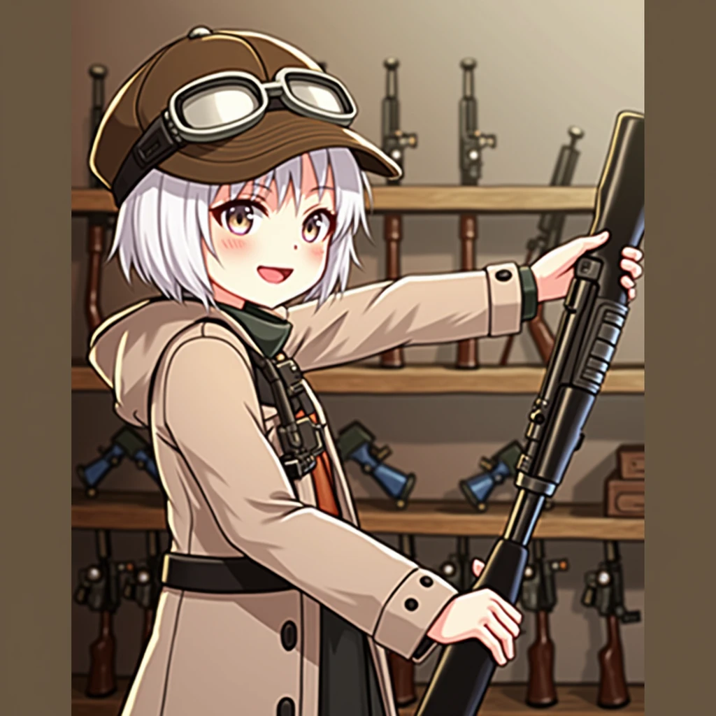 White Haired Girl、Pick up the gun、Gun display rack、Turn around and smile、Brown goggle cap、Khaki Coat、