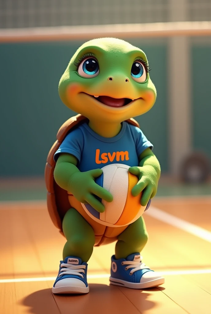 Waku, an adorable teenage turtle with vibrant green skin and a rich brown shell, looks up with bright blue eyes shining with excitement, as if celebrating a triumphant spike, stands on a modern indoor volleyball court, prepared for volleyball training, wearing a small blue sleeveless t-shirt with a stylized orange "lsvm" logo on the chest, her tiny tennis shoes laced up and ready for the next serve with a volleyball in her hands, capturing the essence of her joyful spirit and competitive, with soft, warm lighting that casts a comforting glow on the overall scene.