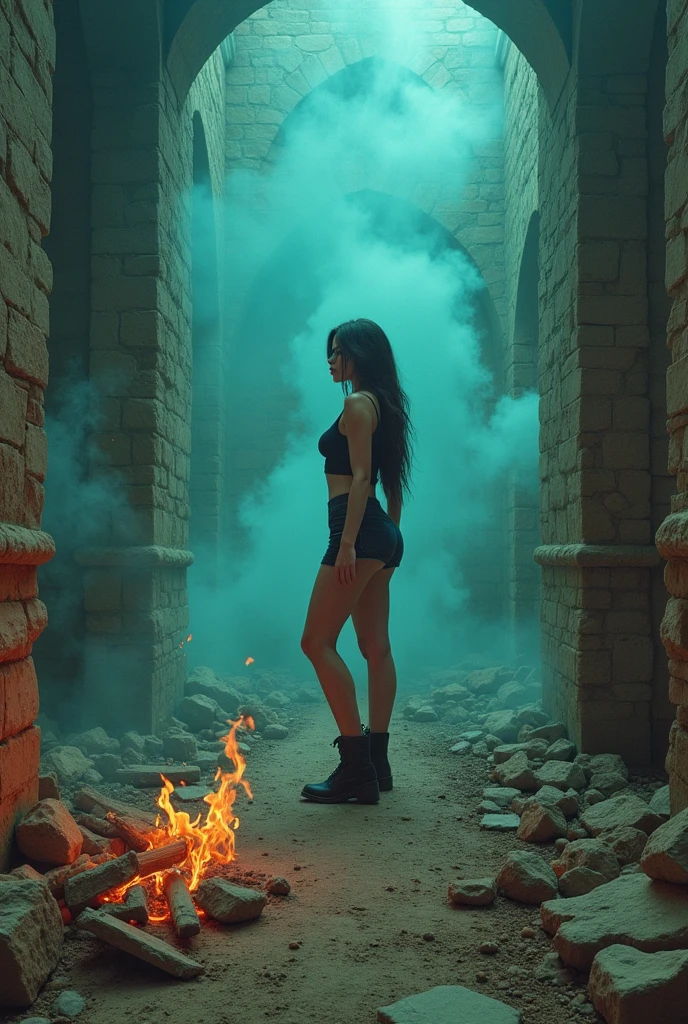 ((best qualityer)), ((Masterpiece artwork)), ((realisitic)), Attractive Camila Mendez, Among the ruins, Turquoise Fire, smoke, mist, Vintage colorful fantasy , Feminine Pose, (impasto painting), ((not Ken-Kelly style)), Hits, (perfect), Complicated Details, extremely detaild, CRU, HDR, ), 8k, beautiful curves, NFSW, big thighs, dental floss, black boot
