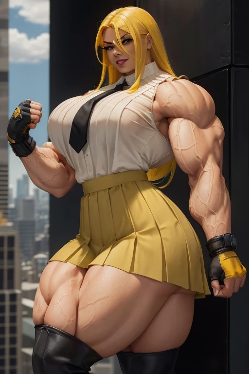 ((Close-up)), tall, (yellow hair) beautiful muscular Latino woman, long flowing hair, light brown skinned, closed smile, (black lipstick), (massive muscles), (hyper muscle), (ginormous bulky muscles), gray eyes, (((sleeveless yellow pleated shirt))), ((long black pleated skirt)), (fingerless gloves), necktie, boots, on a skyscraper,