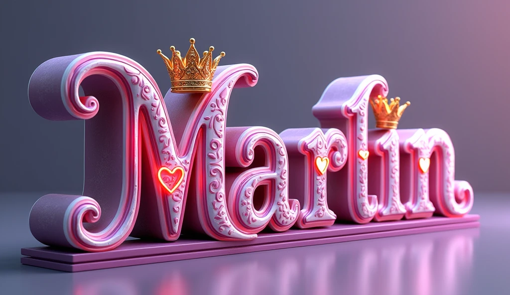 A hyper-realistic, high-resolution image of a 3D illustration that masterfully showcases the 3d name "Marlin" in mesmerizing, opulent lettering. The fuchsia, purple, and white font is embellished with swirling patterns, neon red hearts, and resplendent gold-glowing crowns on each letter, exuding a sense of regal grace and elegance. The composition delicately tilts towards the right, drawing the viewer in with its luxurious shapes and depth. The muted background harmoniously complements the vibrant colors and intricate details, creating a visually striking balance. This captivating portrait pays tribute to the cherished city of Toronto, demonstrating the artist's remarkable talent and expertise in combining photography, 3D rendering, and illustration.