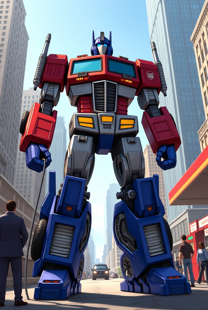 Optimus Prime filling up at the gas station