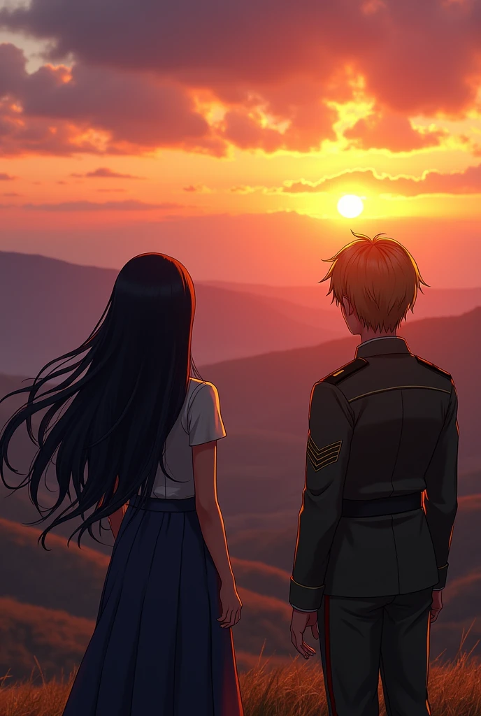 create an image of a sunset from the top of a hill with a girl with long black hair and a military soldier with blond hair looking at the sunset  
