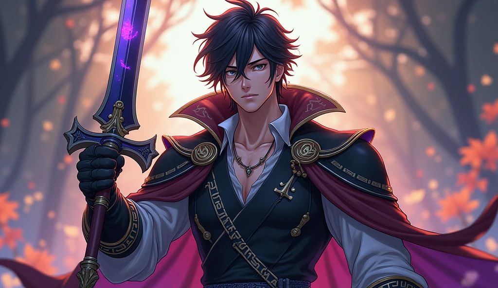 Text for Character Creation:
I want to create an anime style character, inspired by characteristics of an epic hero. He must have an impressive and charismatic look., with disheveled hair and a deep gaze that reflects as much wisdom as the pain of the battles that have taken place. The character must have striking features, like visible scars that show his past of intense struggles, but also expresses a sense of nobility and fellowship. The character's clothing style should be a mix of medieval armor with elements of magic., like extended runes engraved on his attire and a magical sword he carries. The predominant colors may be dark, how p The surrounding scenery should be a fantasy environment, maybe a battlefield or a magical forest, with dramatic lighting that highlights the character. His pose should convey determination, with the sword ready for action, and an aura of power should emanate around you, symbolizing your for