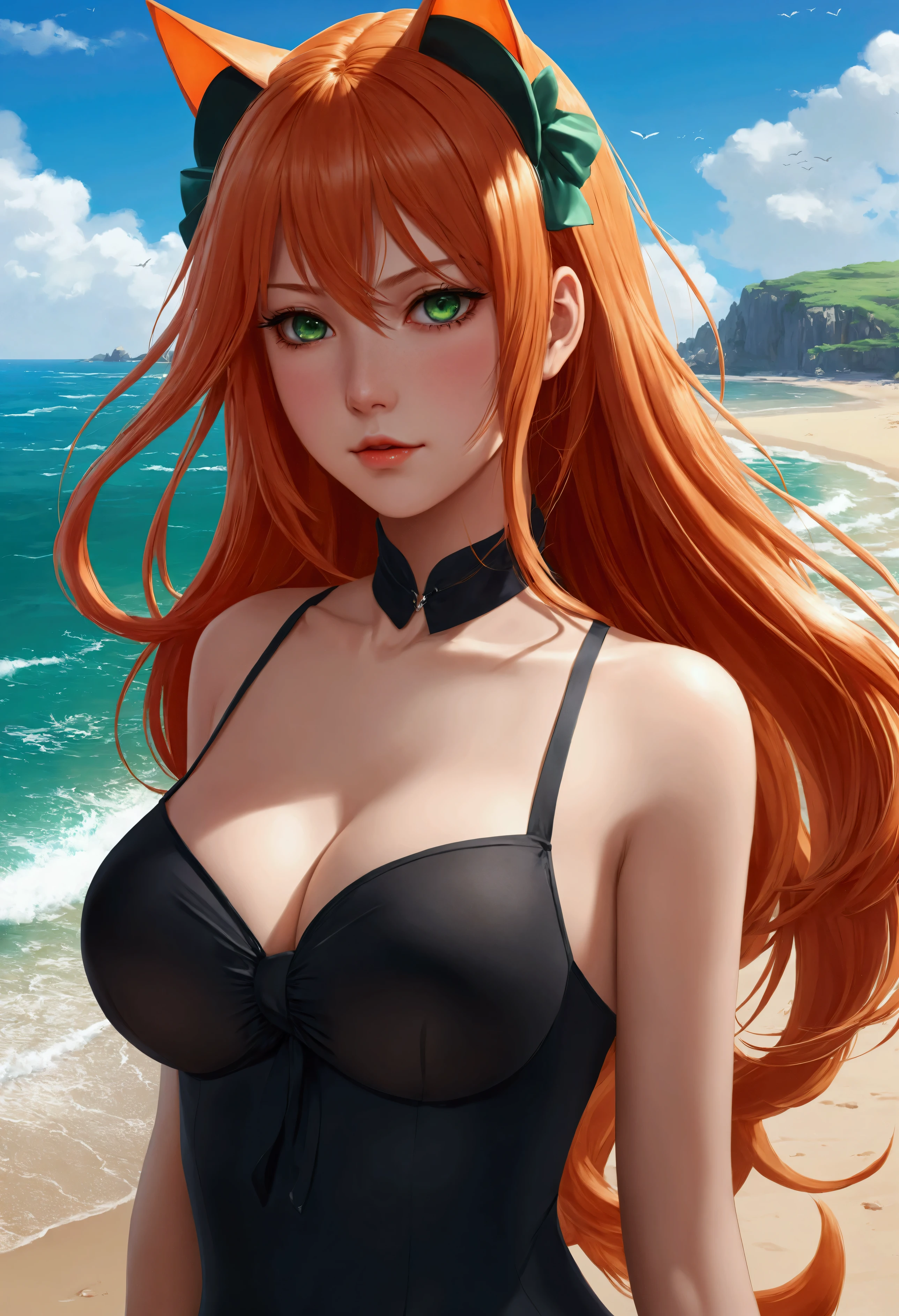 anime girl with long orange hair standing on beach near ocean, green eyes detailed digital anime art, cat ears, , anime girl with long hair, smooth anime cg art, anime girl with long hair, average breast size, digital anime art, artwork in the style of guweiz, beautiful anime portrait, photorealistic anime girl render, beautiful anime girl, advanced digital anime art, pantyhose, guweiz on artstation pixiv upscale HD UHD HQ