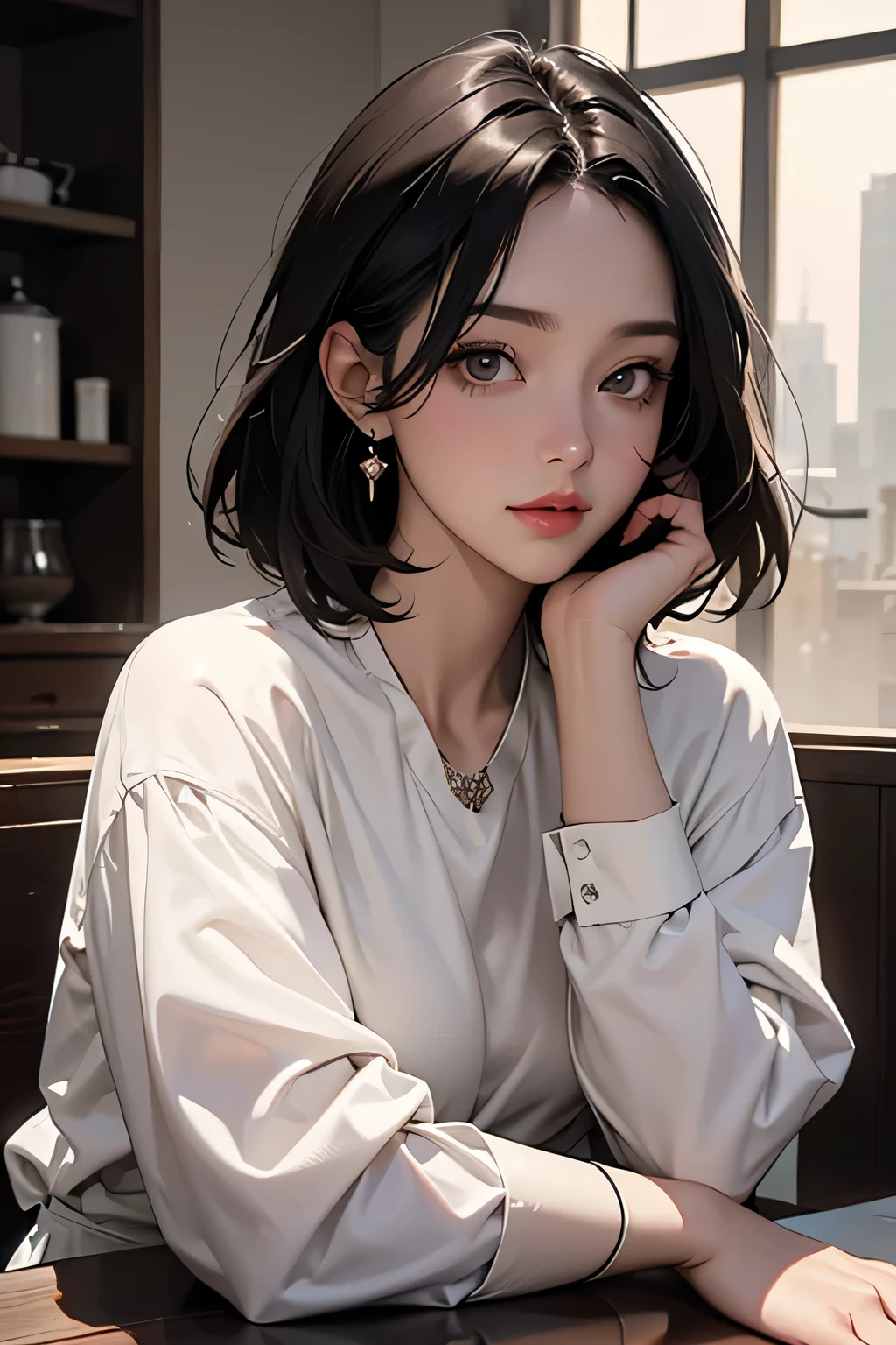 (best quality、masterpiece、high resolution)、4K Art、reality、concept art、portrait、whole body、female、40 years old、big bust、black hair、short bob、lonely woman、beautiful skin、white blouse、((dark cafe)),