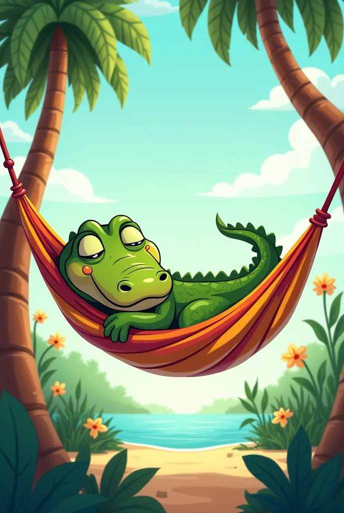 alligator lying sleeping in hammock, cartoon image