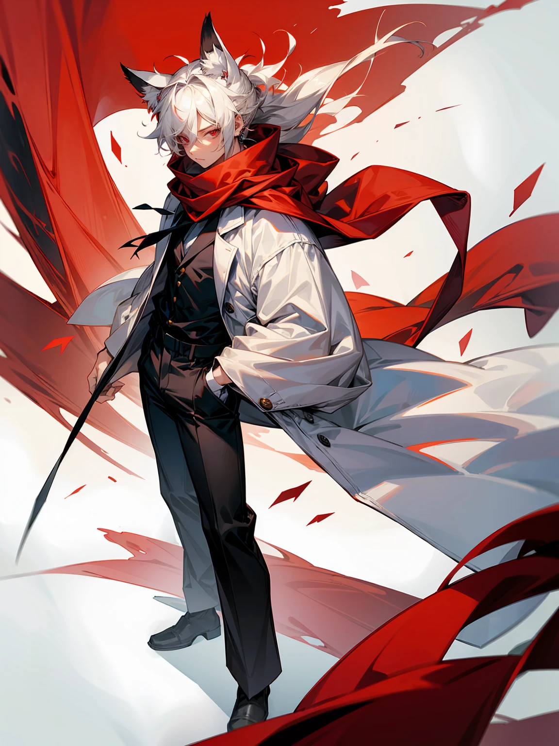 1male, Adult, Long White Hair, White Baggy Long Sleeve Shirt, Baggy Black Pants, Red Eyes, Red Scarf, Earring, Masculine, Disheveled Hair, Beast, Dog Ears