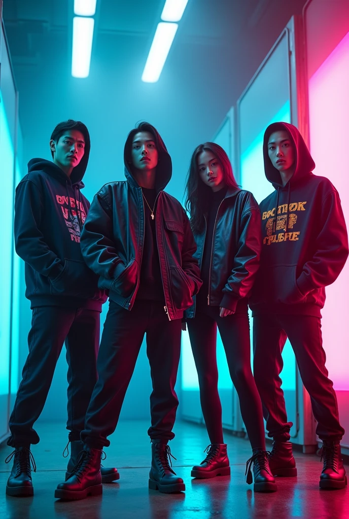 A K-pop group with four men and one woman with a hip-hop concept