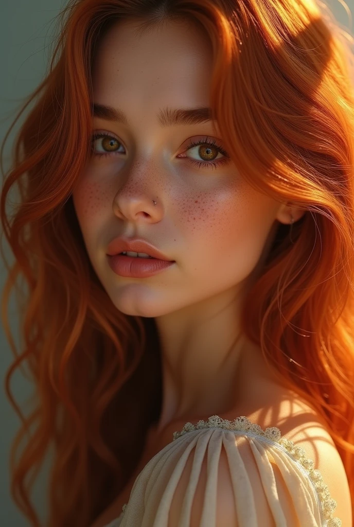 I want a , brown skin tone, long red hair, honey brown eyes and freckles.
