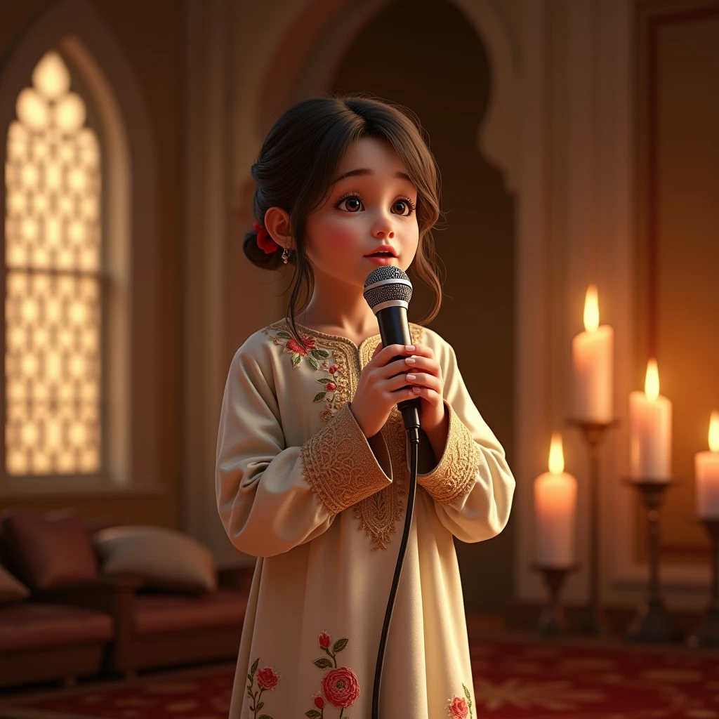 Lily, (highest quality, 4k, masterpiece:1.3), A young Pakistani Muslim girl singing into a microphone, wearing a traditional shalwar kameez with floral embroidery, her hair neatly styled in a low bun with loose strands framing her face. She stands confidently, holding the microphone close to her mouth with both hands, showing natural finger placement and realistic hand detail, eyes closed as she sings passionately. The focus is on her, with warm lighting highlighting her expression, blurred candles and intricate window patterns softly glowing in the background, serene and joyful atmosphere.