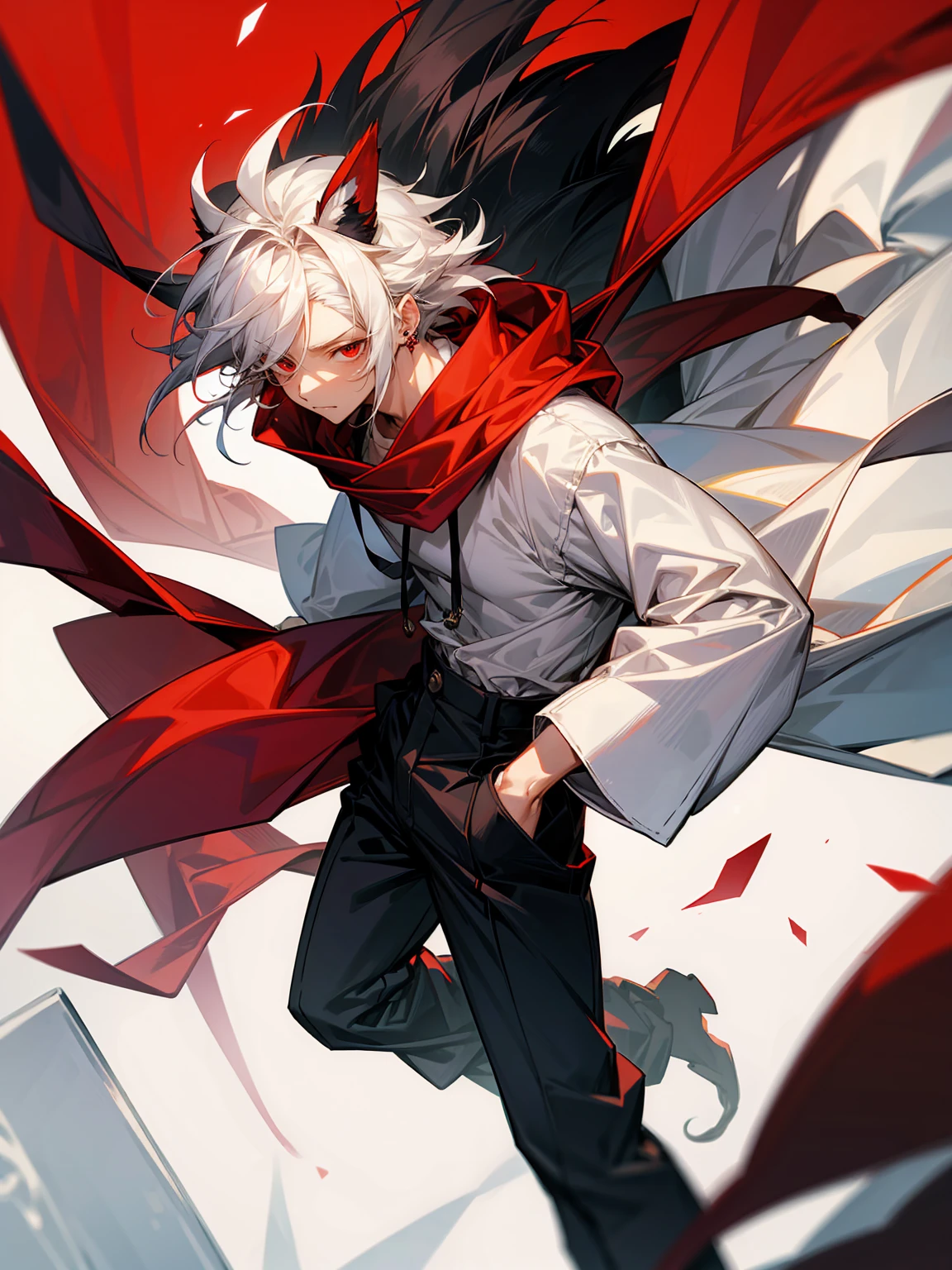 1male, Adult, Long White Hair, White Baggy Long Sleeve Shirt, Baggy Black Pants, Red Eyes, Red Scarf, Earring, Masculine, Disheveled Hair, Beast, Dog Ears