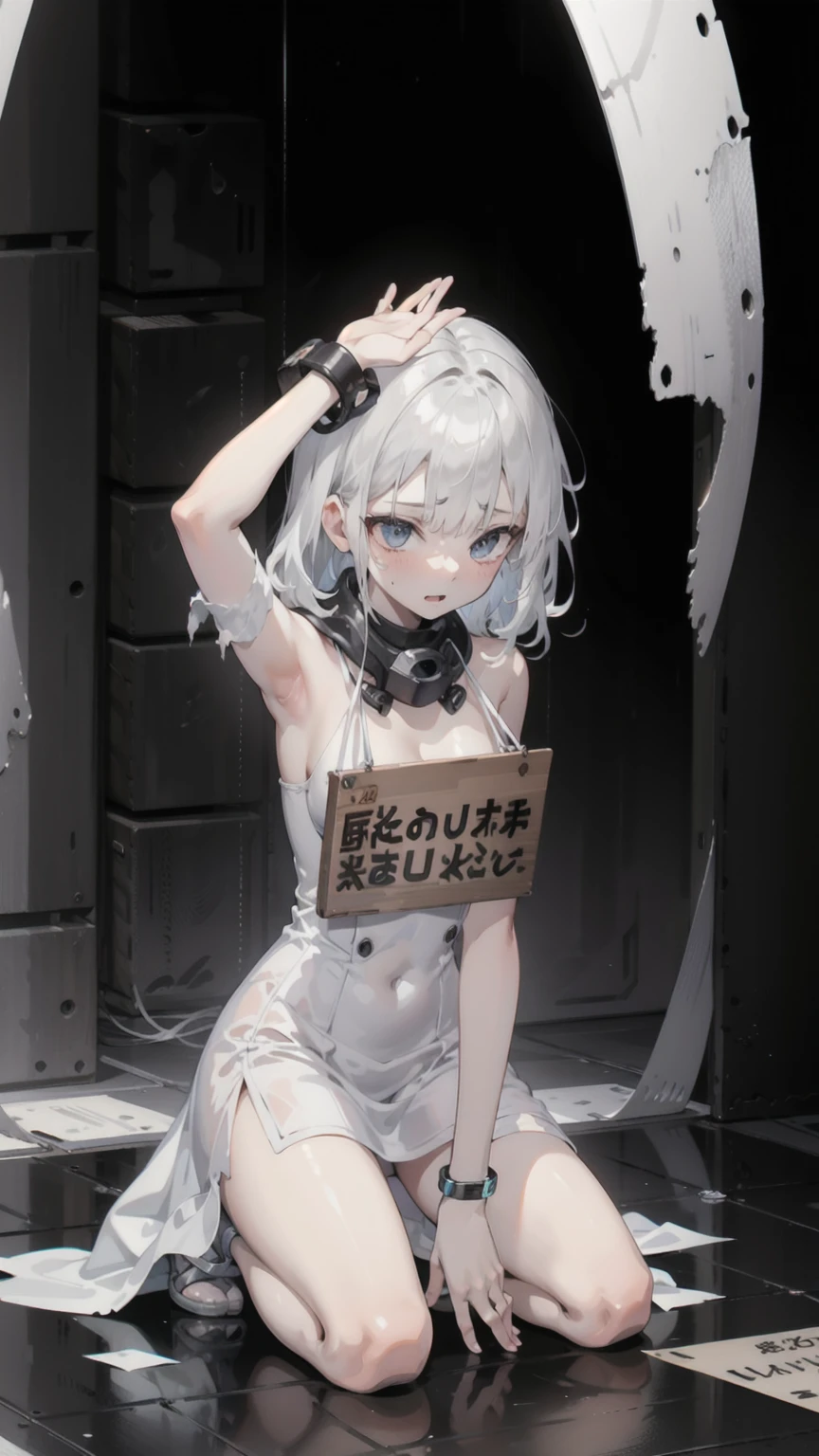 masterpiece, Highest quality, Official Art,  Highly detailed CG Unity 8k wallpaper,  Signboard wrapped around the neck_wrist, Raise the hand, Torn Dress, White short dress, Metal collar, Kneel, stage, market, Nervous, plural, 4