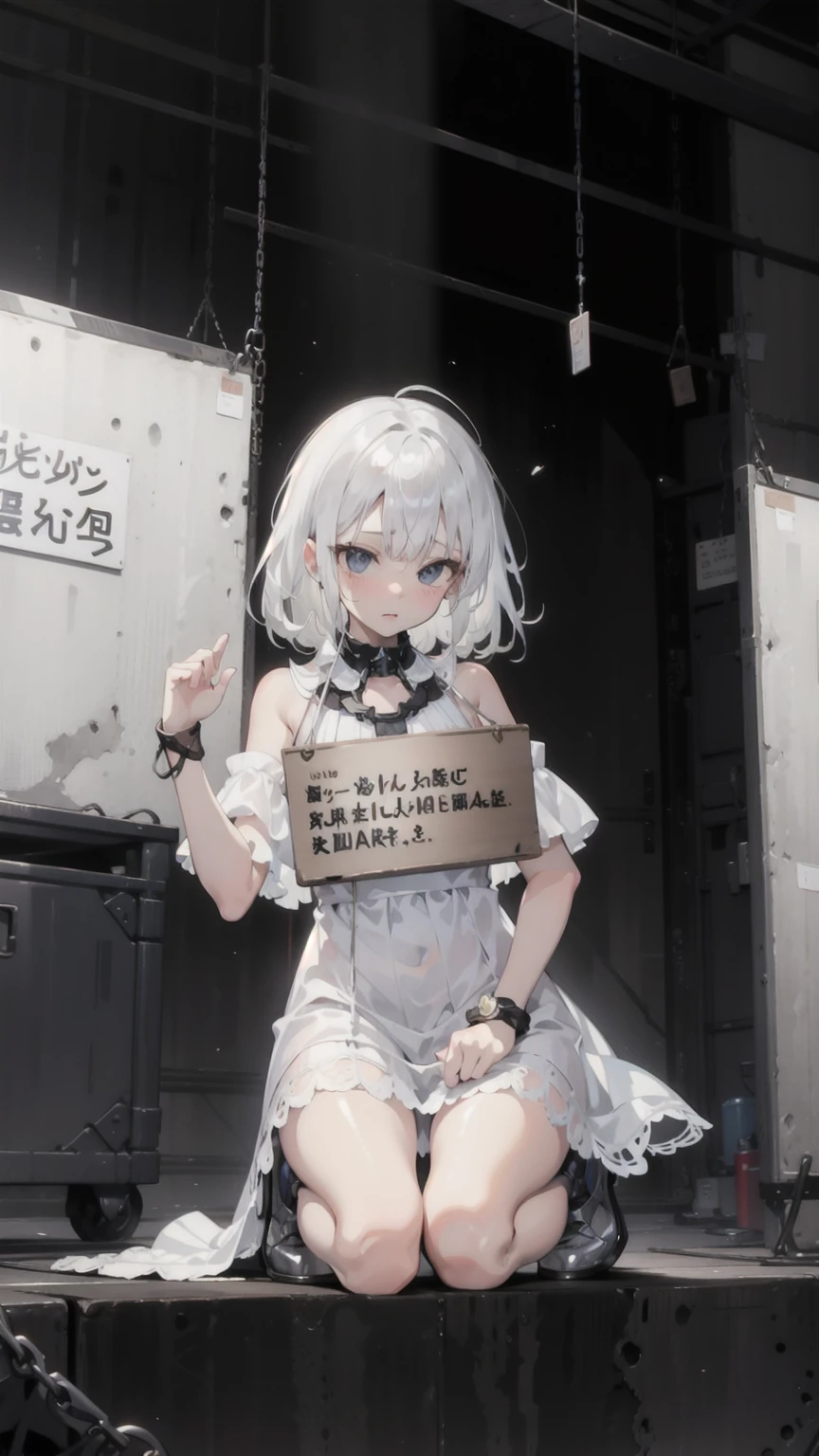 masterpiece, Highest quality, Official Art,  Highly detailed CG Unity 8k wallpaper,  Signboard wrapped around the neck_wrist, Raise the hand, Torn Dress, White short dress, Metal collar, Kneel, stage, market, Nervous, plural, 4