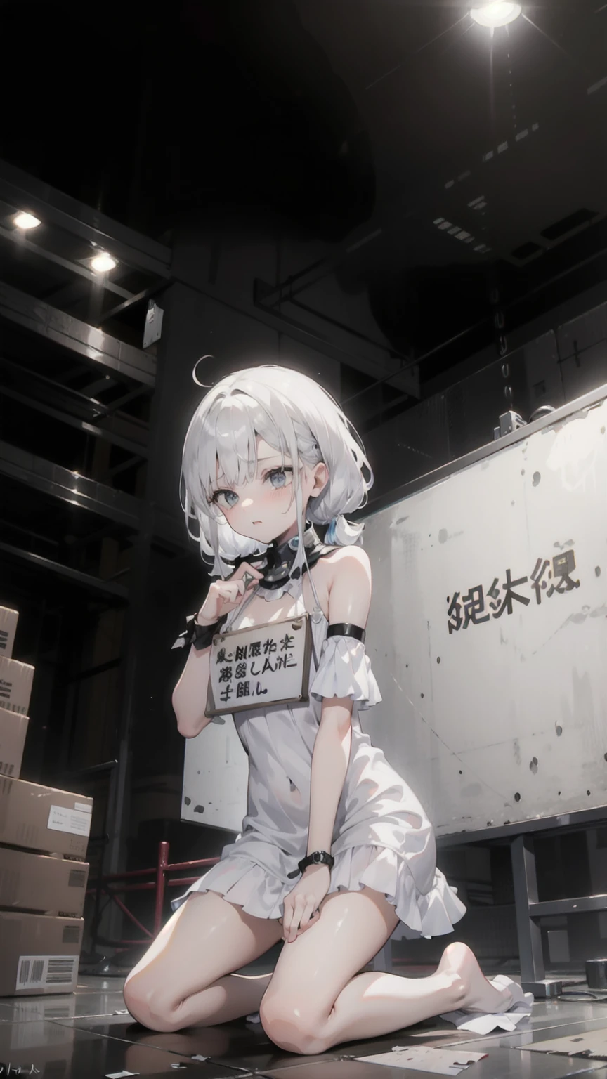 masterpiece, Highest quality, Official Art,  Highly detailed CG Unity 8k wallpaper,  Signboard wrapped around the neck_wrist, Raise the hand, Torn Dress, White short dress, Metal collar, Kneel, stage, market, Nervous, plural, 4