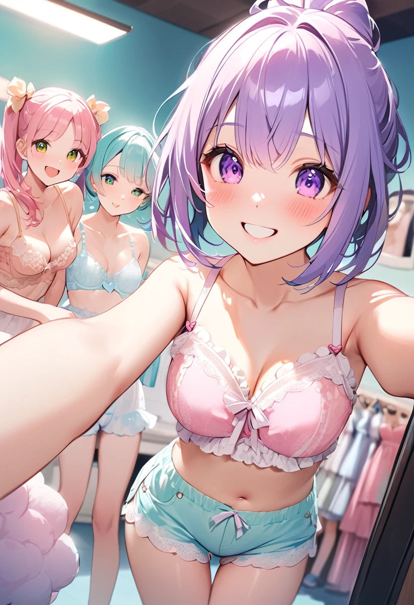 Highest quality、High resolution、Detailed Background、(Beautiful face in every detail:1.4)、Anatomically correct、Normal number of fingers、Detailed eyes、Teenage beauty、Detailed facial expressions、Light color hair、ponytail、Twin tails、Bobcut、cute仕草、Jokingly、A big smile、smile、Dressing room、(Three girls happily taking a selfie:1.5)、
Lace bra＆Shorts Set、Choose pastel colors、Lace camisoleにShorts with ribbon、Pastel colored bras＆Shorts Set、Ruffled bra and lace shorts、Shorts with ribbon、Lace and ribbon、Heart and animal motifs、Lace camisole、Ruffles and fluffy materials、cute