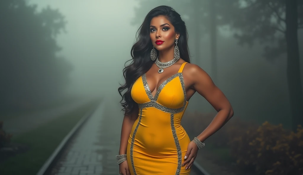 A photo of a 50-year-old busty woman with a voluptuous figure and long hair in an updo hairstyle. She is wearing a form-fitting darkyelow dress with grey ornaments and a push-up bra. She has a big silver necklace and big silver hoop earrings. She has long red nails and red lipstick. The background is obscured by the cloudy weather. The image has a shallow depth of field, capturing the woman's figure with a soft, flattering glow in the diffused light. The composition evokes a sense of intimacy and allure, allowing the viewer to be drawn into the woman's captivating presence.