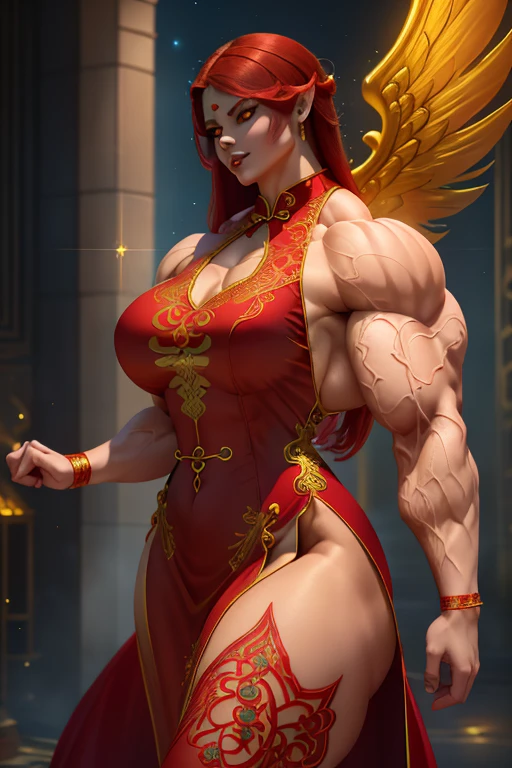 (Close view), tall, (red hair), muscular asan woman, long hair, pale white skinned, closed smile, (black lipstick), ((massive muscles)), (hyper muscle), ((ginormous bulky muscles)), ((glowing yellow eyes)), (((sparkling red cheongsam dress embroidered with intricate designs))), (giant angel wings), gauntlets, choker, thigh high boots, (in the Sky)