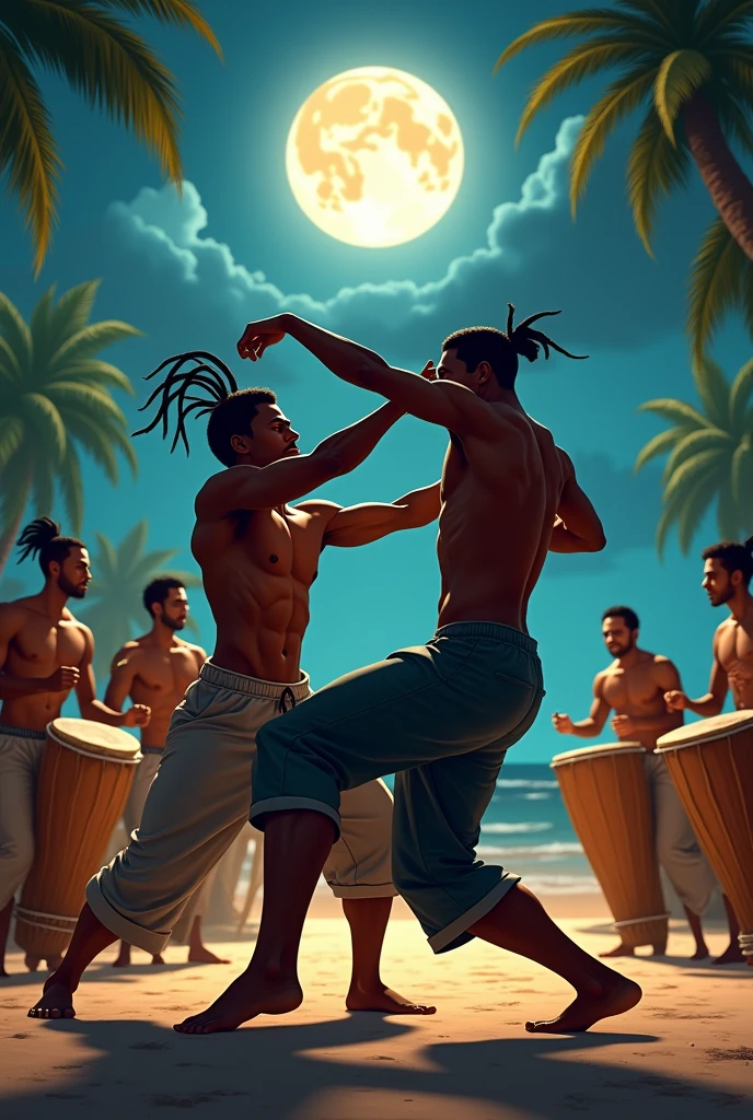 Deux joueurs de capoeira, ils sont noirs, il y a des joueurs de tambour. Digital art, realistic graphism. La scène se passe dans la caraïbe le soir, au clair de lune. Shade graphism